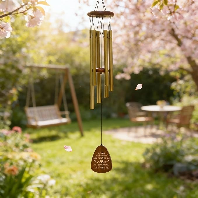 Wind Chimes for Outside, 28" Sympathy Memorial Wooden Wind Chimes for Loss of Loved One Mother Father, Pet Sympathy Gift Suitable for Outdoor, Garden, Patio Decoration Home Decor,Gold