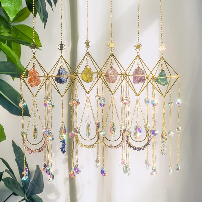 Crystal Suncatcher Rose Quartz, St Valentines Gift Spiritual, Sun Catcher Hanging for Windows, Rainbow Maker, Garden Home Decor, Natural Gemstone Boho Decor (Rose Quartz)