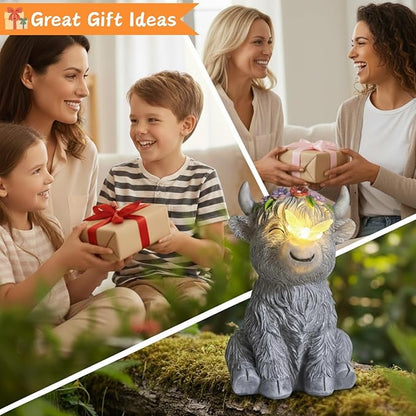 Solar Highland Cow Garden Statue with Glowing Butterfly, Outdoor Highland Cow Decorations for Patio Yard Lawn Ornaments, Gifts for Mom/Grandma Birthday Housewarming
