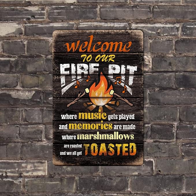 Yniaun Decor Welcome to Our Fire Pit Funny Camper/Camping Metal Tin Signs Vintage Patio Back Yard Decorations Gifts 8 X 12 Inch Indoor/Outside Accessories - Music Gets Played & Memories Are Made