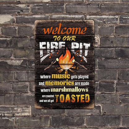 Yniaun Decor Welcome to Our Fire Pit Funny Camper/Camping Metal Tin Signs Vintage Patio Back Yard Decorations Gifts 8 X 12 Inch Indoor/Outside Accessories - Music Gets Played & Memories Are Made
