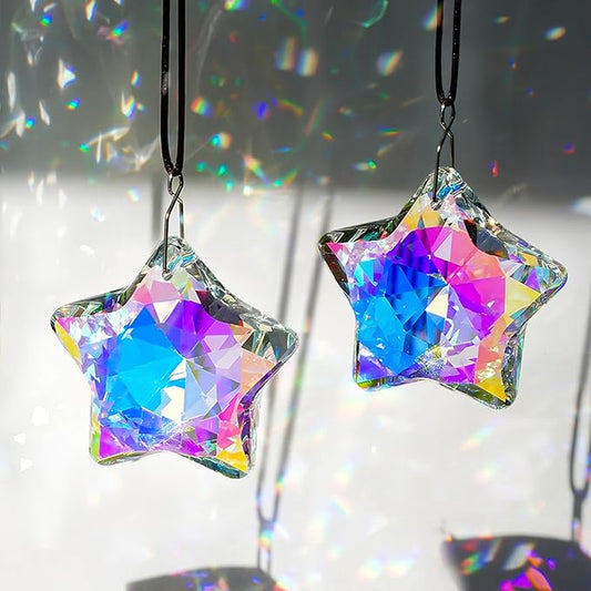 H&D HYALINE & DORA 2 Pack Crystal Sun Catcher Star Prisms 2" AB Colored Hanging Crystals for Window Rainbow Maker Glass Prisms Suncatchers for Home Garden Christmas Decor