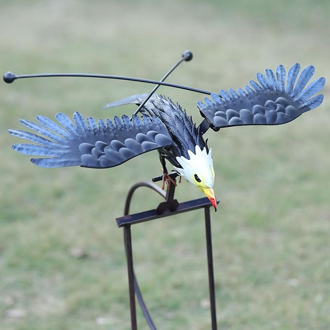 Metal Swinging Owl Wind Spinner for Yard and Garden Decor, Outdoor Metal Windmill Art Deco, Lawn Decorations Wind Sculpture and Spinner, Garden Stake Decorative Kinetic Sculpture (Eagle)