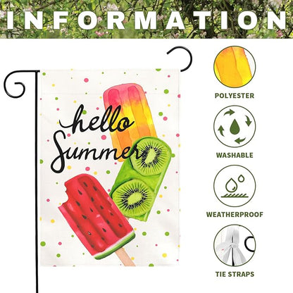 Hello Summer Garden Flag Colorful Popsicle Ice Cream Outdoor Yard Flags Lawn Porch Patio Summer Party Pool Decor Watermelon Kiwi Fruit Theme Seasonal House Banners Home Decoration 12x18 Inch