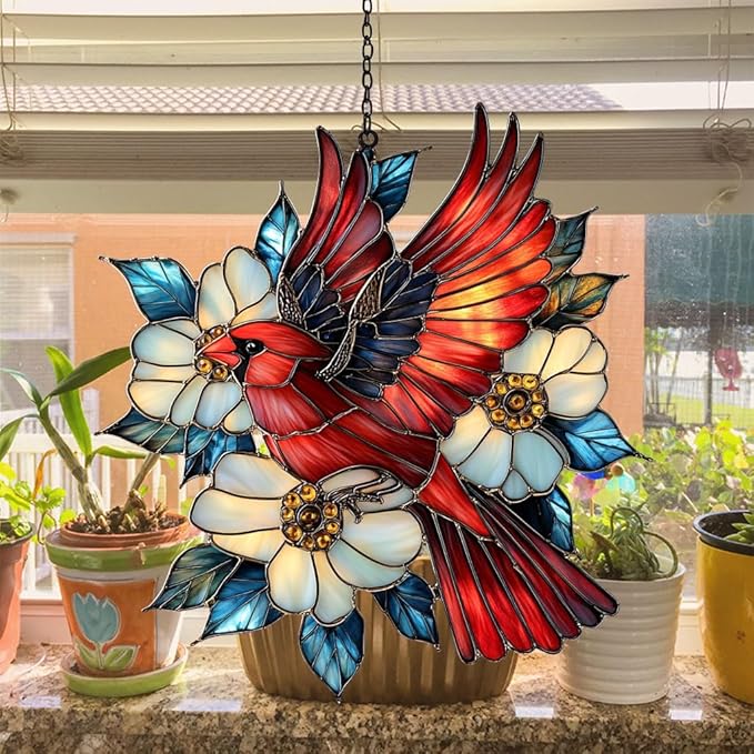 Flying Red Cardinal Acrylic Suncatcher Stained Glass Effect Window Car Hanging Christmas Ornament Indoor Outdoor Decor Garden Sun Catcher Panel for Cardinal Lover for Women Mom Grandma