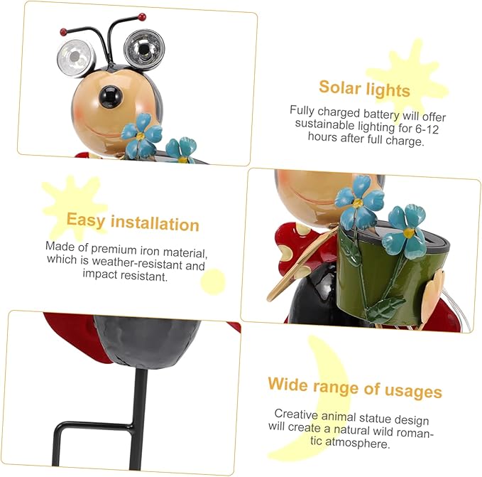 Garden Statue Ladybug Inserts Lamp Solar Outdoor Lights Iron Landscape Lights Hours Easy to up