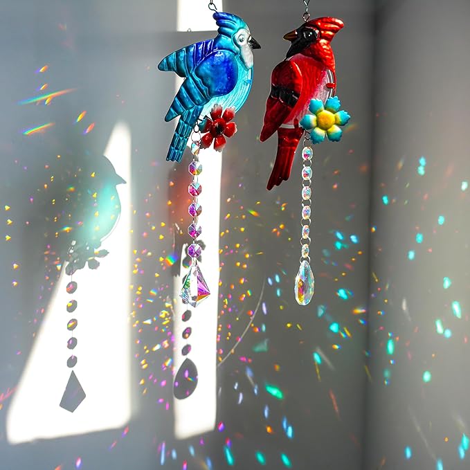 Cardinal and Blue Jay Suncatchers, Stained Glass Birds Hanging Ornament for Christmas Windows, Crystal Bird Sun Catcher Outdoor Decor