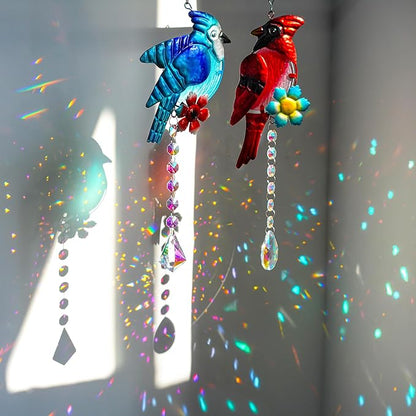 Cardinal and Blue Jay Suncatchers, Stained Glass Birds Hanging Ornament for Christmas Windows, Crystal Bird Sun Catcher Outdoor Decor