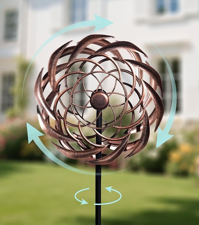 360° Copper Garden Wind Spinners Outdoor for Yard & Garden – W13xH63 Copper Metal Kinetic Sculpture Inspired by Bronze Sundial – Elegant Outdoor Decor