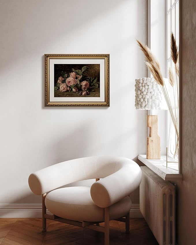 ARPEOTCY Vintage Gold Framed Wall Art, Retro Still life Pink Roses Canvas Prints Artwork with Antique Frame, Victorian Wall Paintings Decor for Living Room Gallery, 13x16 inch