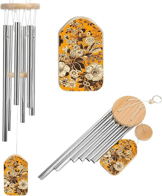Wind Chimes for Outside,Yellow Background Flowers Printed Cute Aluminium Windchimes Outdoors,Soothing Melodic Memorial Wind Chime for House Porch Patio Garden Balcony Decor