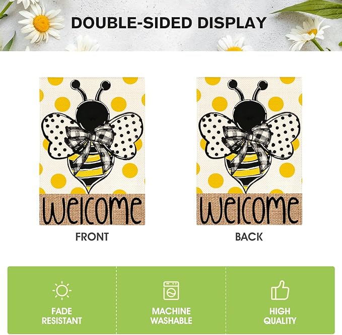 AVOIN colorlife Summer Polka Dot Bee Welcome Garden Flag 12x18 Inch Double Sided Outside, Seasonal Holiday Burlap Yard Outdoor Decoration