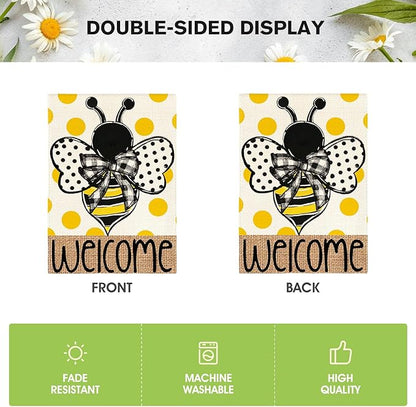 AVOIN colorlife Summer Polka Dot Bee Welcome Garden Flag 12x18 Inch Double Sided Outside, Seasonal Holiday Burlap Yard Outdoor Decoration