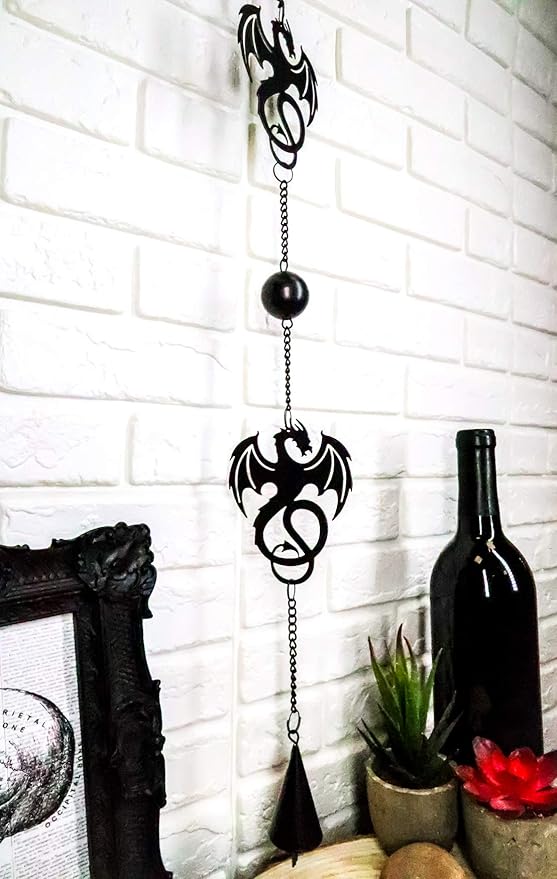 Ebros Black Coated Steel Metal Wyverex Alchemy Folklore Dragon Wall Hanging Wind Chime with Beads 38" L Home and Patio Decor Medieval Fantasy Dungeons and Dragons Mobile Noisemaker