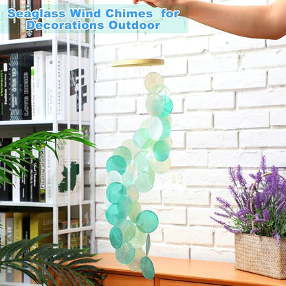Wenqik Sea Glass Shell Wind Chimes for Outside Seaglass Capiz Windchime Spiral Wind Chimes for Women Beach Holiday Summer Gift Indoor Outdoor Home Housewarming Garden Decor(Light Blue)
