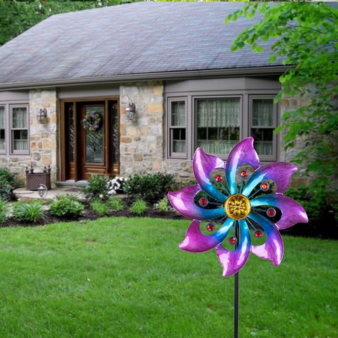 VEWOGARDEN Garden Metal Flower Wind Spinners Outdoor, Kinetic Wind Sculptures & Spinners for Yard Lawn Patio Decorations, Blue & Purple