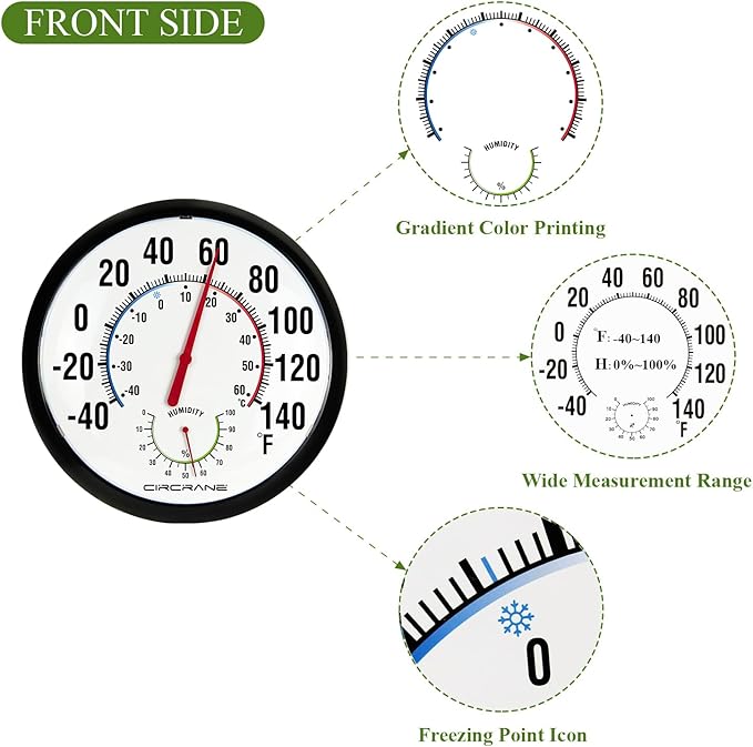 Circrane 13.25 Inch Round Thermometer with Hygrometer, Large Indoor Wall Patio Bimetal Weather Thermometer, No Battery Required, Black