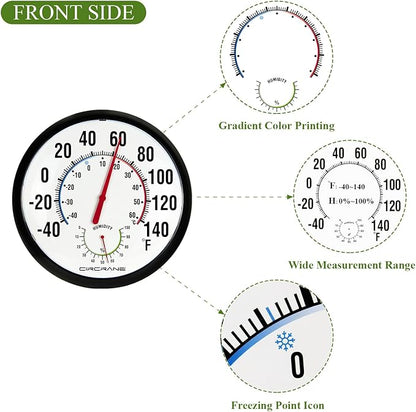 Circrane 13.25 Inch Round Thermometer with Hygrometer, Large Indoor Wall Patio Bimetal Weather Thermometer, No Battery Required, Black