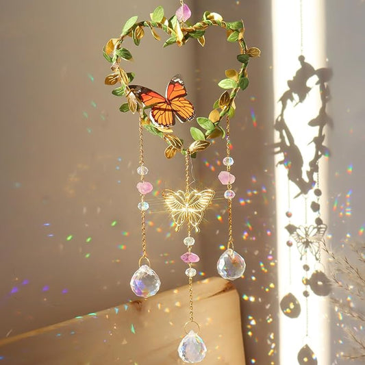 Heart Suncatchers Window Hanging, Colorful Crystal Suncatcher with Butterfly, Crystals Light Catcher with Prisms for Indoor Outdoor Home Garden Wedding Decor