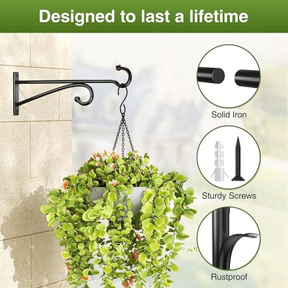 10" Plant Hanger Hook Outdoor Indoor – Planter Hooks for Hanging Plants, Plant Wall Hooks, Brackets for Hanging Plants, Baskets, Wind Chimes, Bird Feeders, Lanterns, Bird Houses (Black, Metal, 2-Pack)
