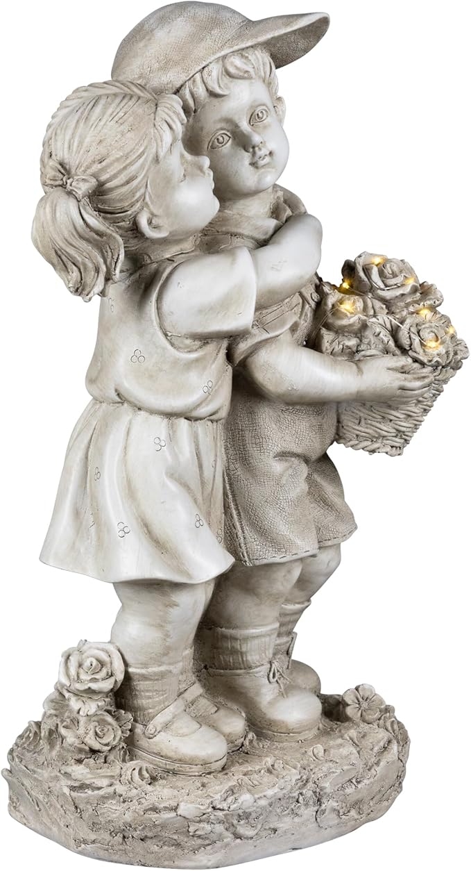 Northlight Solar Lighted Hugging Girl and Boy Outdoor Garden Statue - 16"