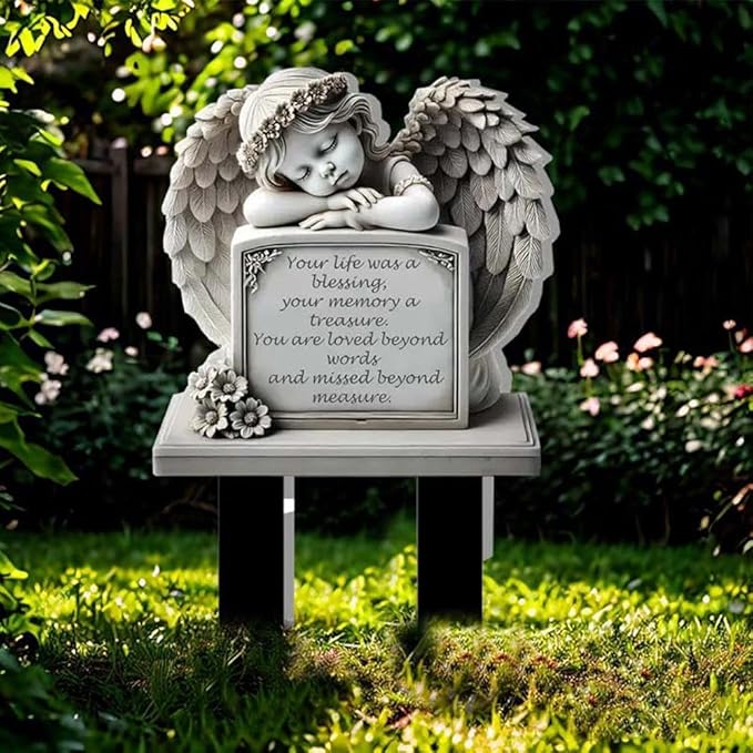 Garden Angel Statue, Angel Tombstone Commemorative Plaque, Memorial Plaque with Sleeping Angel Garden Statue, Sympathy Gift Human Memorial Gifts, in Memory of Loved One, Bereavement Gifts