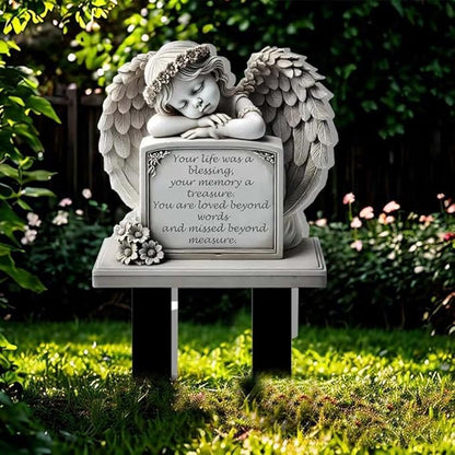 Garden Angel Statue, Angel Tombstone Commemorative Plaque, Memorial Plaque with Sleeping Angel Garden Statue, Sympathy Gift Human Memorial Gifts, in Memory of Loved One, Bereavement Gifts