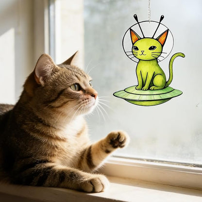 Cat Stained Glass Suncatcher Window, Hanging Sun Catchers Indoor Window, Suncatcher for Mom/Women (Alien Cat)
