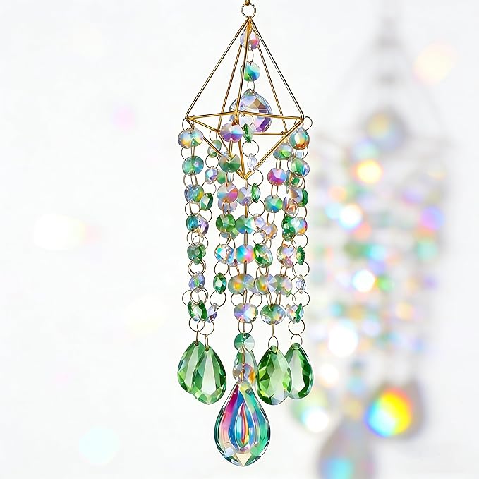 Green & Iridescent Crystal Suncatcher Prism, Handmade Gold-Plated Frame with K9 Crystal Beads, Window Hanging Decor for Home, Garden, Wedding