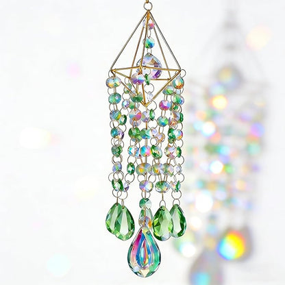 Green & Iridescent Crystal Suncatcher Prism, Handmade Gold-Plated Frame with K9 Crystal Beads, Window Hanging Decor for Home, Garden, Wedding