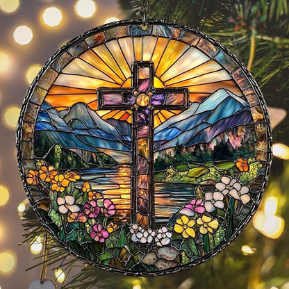 Floral Cross Acrylic Suncatcher Stained Glass Effect Window Car Hanging Christmas Ornament Indoor Outdoor Decor Garden Memorial Sun Catcher for Family Christmas Jesus Gift for Women Mom Grandma