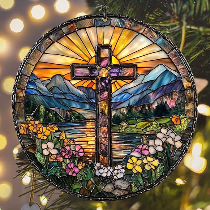 Floral Cross Acrylic Suncatcher Stained Glass Effect Window Car Hanging Christmas Ornament Indoor Outdoor Decor Garden Memorial Sun Catcher for Family Christmas Jesus Gift for Women Mom Grandma