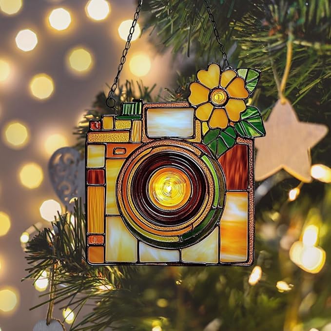 Vintage Retro Camera Acrylic Suncatcher Stained Glass Effect Window Car Hanging Christmas Ornament Indoor Outdoor Decor Garden Sun Catcher Panel for Acrylic Suncatcher Lover for Women Mom Grandma