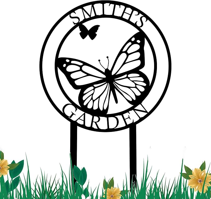 Custom Name Butterfly Metal Garden Sign with Stakes, Personalized Flowers Butterfly Home Garden Decor for Outside, Metal Yard Art, Personalized Garden Stakes for Outdoor Sign, New Home Gift
