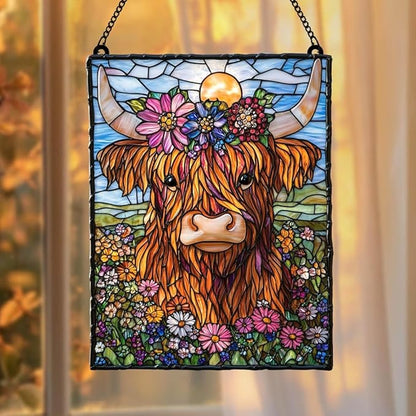 Highland Cow Acrylic Suncatcher - Faux Stained Glass Indoor Window Hanging Ornament, Outdoor Sun Catcher Panel, Home Decor Gift for Farm Animal Lovers