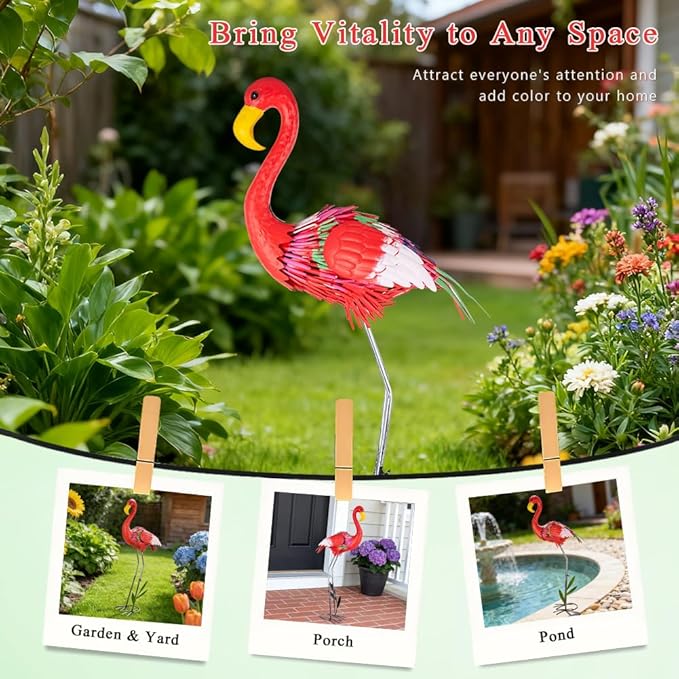 Large Flamingo Statue for Yard, 38.9 Inch Elegant Metal Flamingo Yard Art for Backyard Decor, Lawn Ornament for Patio, Pond, Garden, Present for Woman(Red)