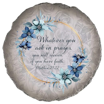 Magnolia Garden 10-Inch Matthew 21:22 Scripture Decorative Stepping Stone – Ask in Prayer Resin Garden Tile – Blue Floral Religious Outdoor Accent