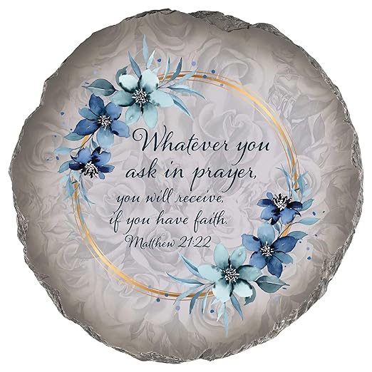 Magnolia Garden 10-Inch Matthew 21:22 Scripture Decorative Stepping Stone – Ask in Prayer Resin Garden Tile – Blue Floral Religious Outdoor Accent