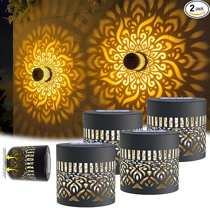 Decorative Solar Mandala Lights, Solar Mandalas Lights Outdoor, Waterproof and Windproof, Metal Solar Powered Outdoor Deck Step Wall Lights, for Garden Post Patio Backyard Yard Decor (4 PCS)