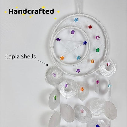 Wind Chimes for Outside Dream Catcher Colorful Stars Capiz Shell Windchime Seashell Sea Glass Beach Coastal Crafts Decor for Garden Patio Yard Unique Outdoor for Women