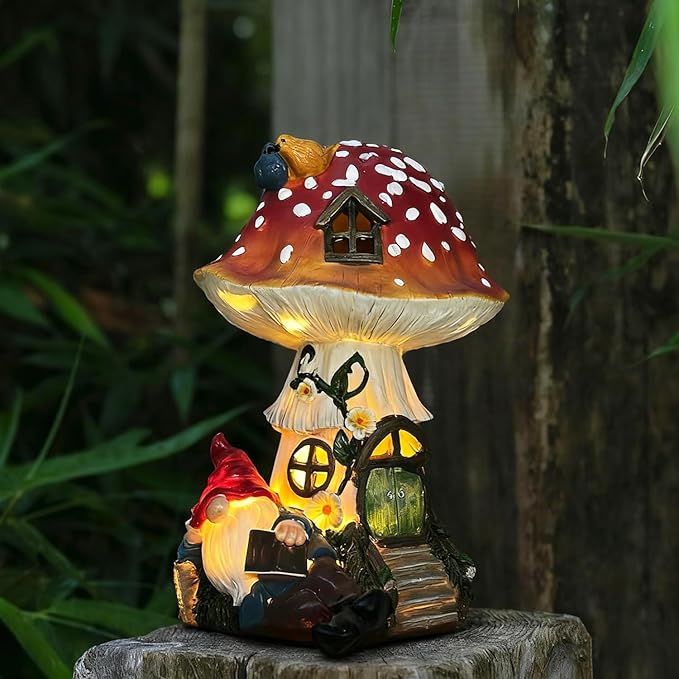 Solar-Powered Mushroom House Garden Statue–Gnome Figurine Reading Book,Vibrant Bird Accents,Weather-Resistant Resin Material,Outdoor Ornament for Yard,Patio,Lawn,Flower Bed Porch Decor