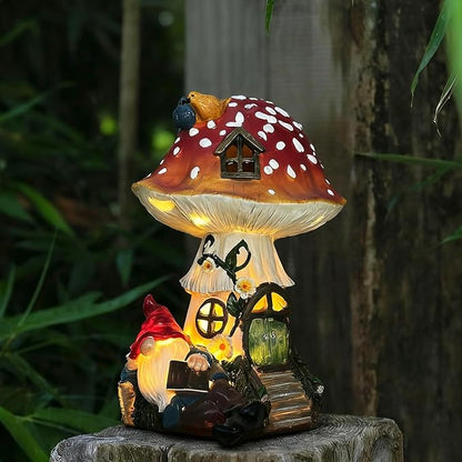 Solar-Powered Mushroom House Garden Statue–Gnome Figurine Reading Book,Vibrant Bird Accents,Weather-Resistant Resin Material,Outdoor Ornament for Yard,Patio,Lawn,Flower Bed Porch Decor