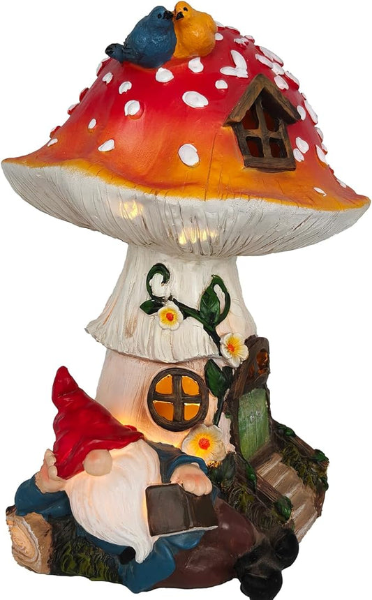 Solar-Powered Mushroom House Garden Statue–Gnome Figurine Reading Book,Vibrant Bird Accents,Weather-Resistant Resin Material,Outdoor Ornament for Yard,Patio,Lawn,Flower Bed Porch Decor