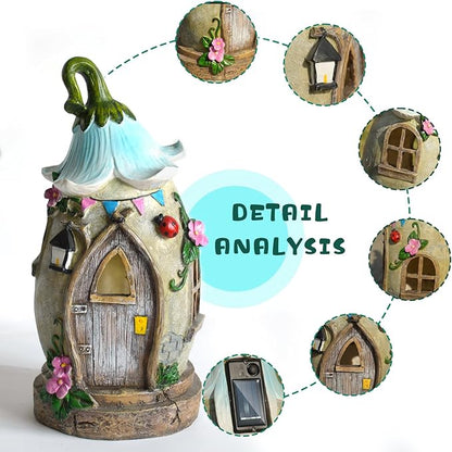 Resin Fairy Cottage Statue with Solar Light Perfect for Garden Decor, Featuring a Charming Morning Glory Vine adorning its Crown. Ideal as a Mother's Day or Birthday Gift, 12.2 inches.
