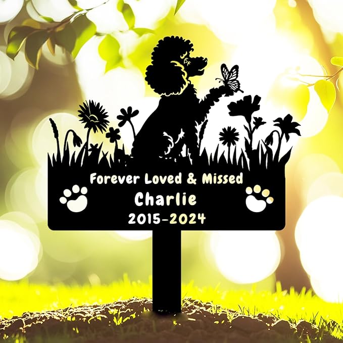 Custom Poodle Dog Memorial Grave Marker,Personalized Metal Flora Dog Memorial Stake,Dog Memorial Plaque Burial Stake Engraved Sign,Sympathy Grave Stake for Lost Dog,Dog Headstone