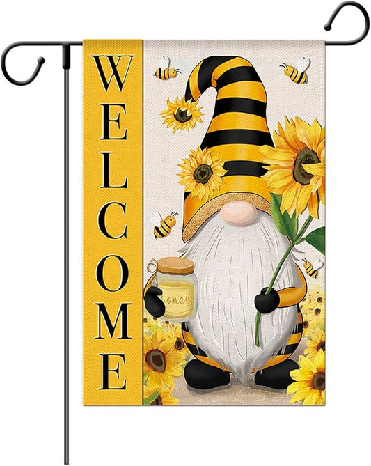 Welcome Spring Summer Garden Flag Sunflower Gnome Floral Bee Flag, 12 x 18 Inch Vertical Double Sided Burlap Banner for Outdoor Seasonal Decoration