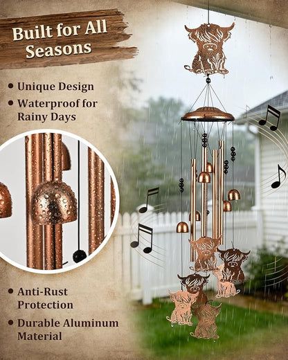 Highland Cow Wind Chimes Outdoor Decor Highland Cow Birthday Gifts for Women Mom Sister 34 Inch Metal Windchimes for Outside Porch, Garden, Yard Decoration