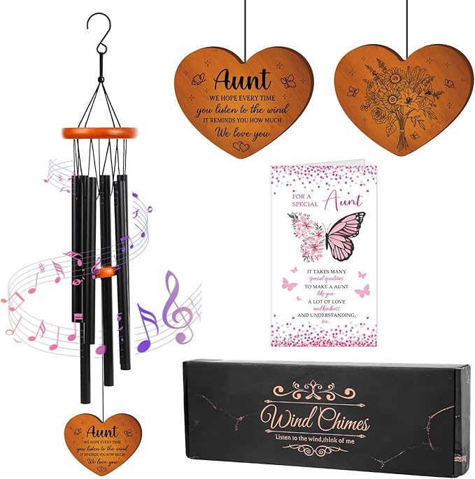 Aunt Gifts Wind Chimes for Outside - Metal Windchime with Wooden Pendant, Greeting Card & Black Box - Unique Birthday for Auntie from Niece Nephew, Garden Hanging Decor