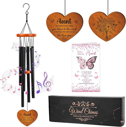 Aunt Gifts Wind Chimes for Outside - Metal Windchime with Wooden Pendant, Greeting Card & Black Box - Unique Birthday for Auntie from Niece Nephew, Garden Hanging Decor