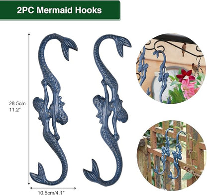 Sungmor Cast Iron Plant Hangers, 2PC Mermaid & 11 Inch Length, Large S Hooks for Hanging Plants, Ceiling Extender Hooks for Hanging Flower Basket, Planter, Macrame Plant Holder, Lantern, Windchime